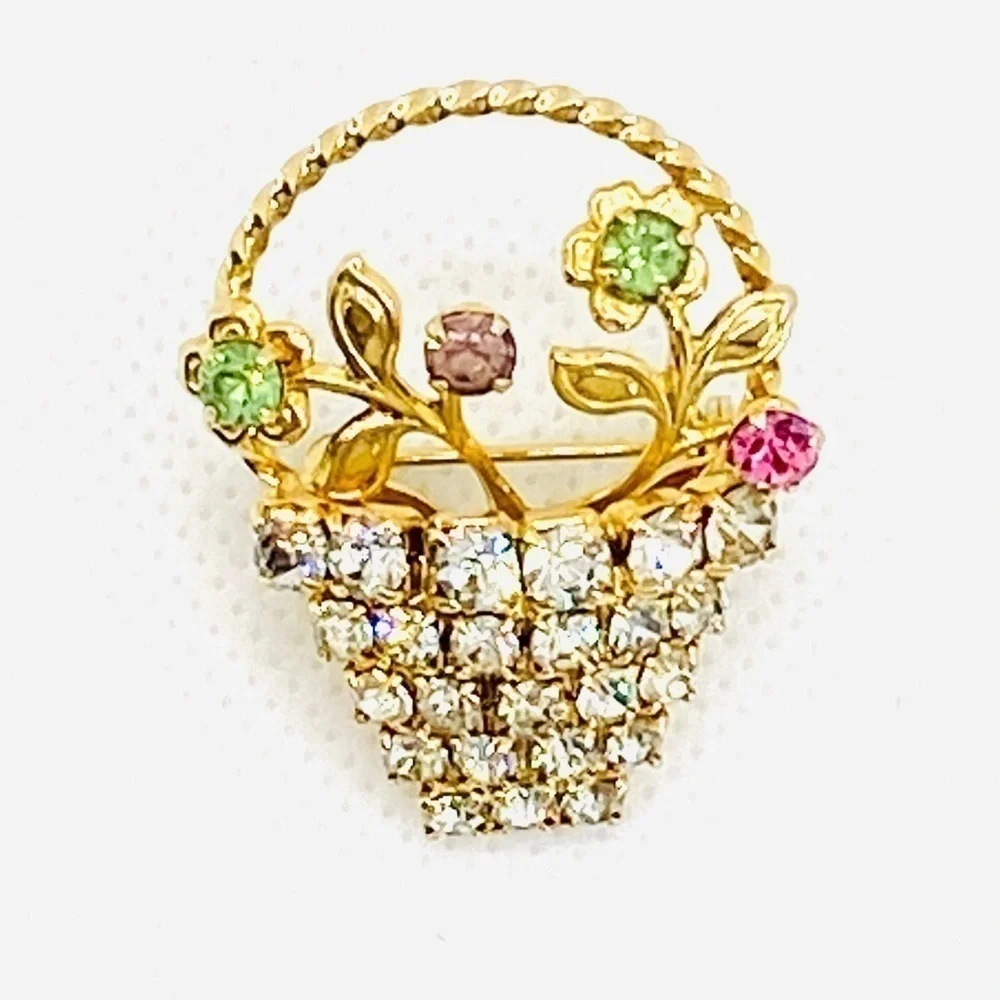 Brooch Rhinestones Basket of Flowers VTG Gold Tone